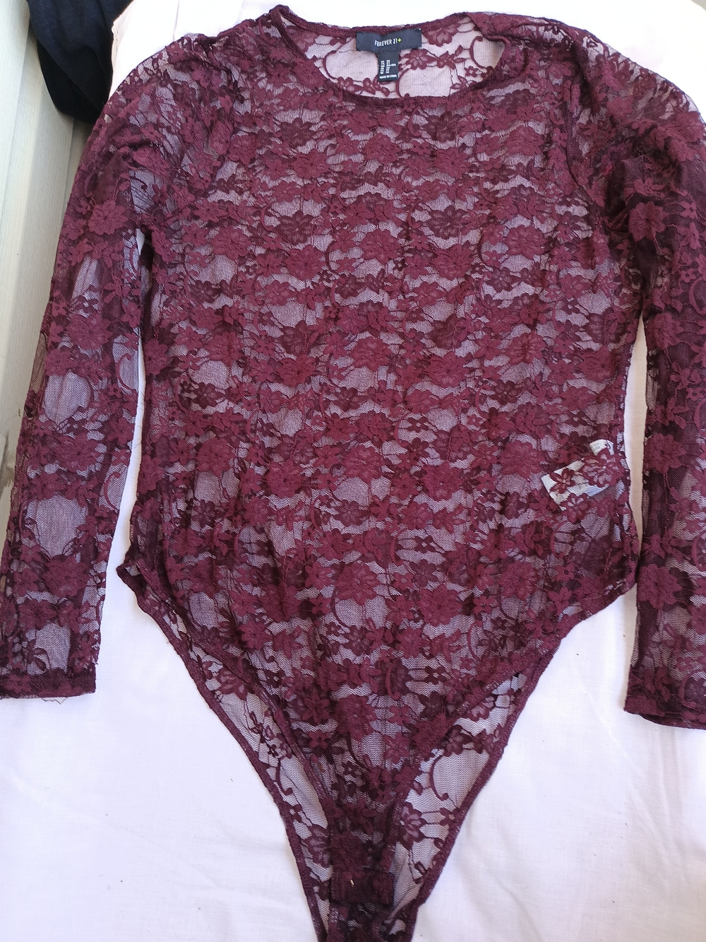 Forever 21+ Burgundy Floral Lace Bodysuit –Says  Size 2X/XXL Fits Med/Lrge